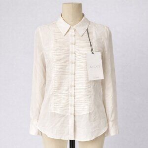 Alexis White Pleated Front Blouse Long Sleeve